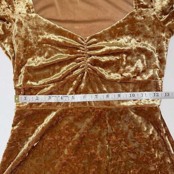 Urban Outfitters Maeve Crushed Velvet Mini Dress Yellow Sweetheart Short Slv S - Picture 9 of 13